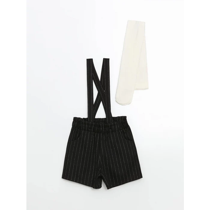 LCW Kids Siyah Çizgili Askılı Kız Çocuk Şort ve Külotlu Çorap 2li