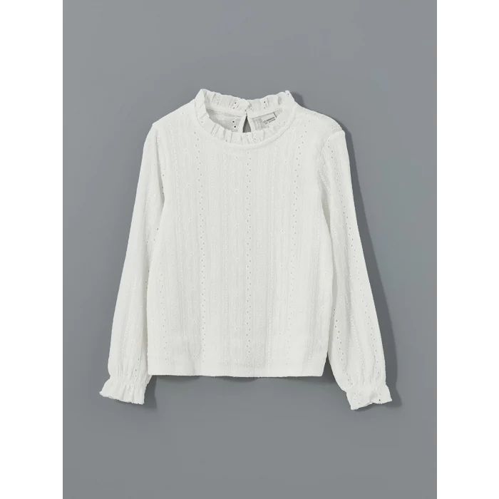 LCW Kids Ekru Bisiklet Yaka Fisto Detaylı Kız Çocuk Tişört