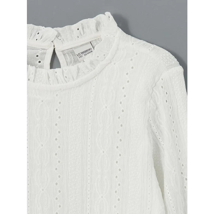 LCW Kids Ekru Bisiklet Yaka Fisto Detaylı Kız Çocuk Tişört