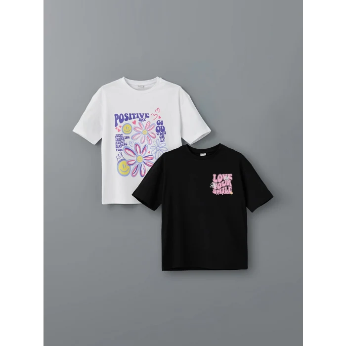 LCW Kids BEYAZ Bisiklet Yaka Kız Çocuk Tişört 2li