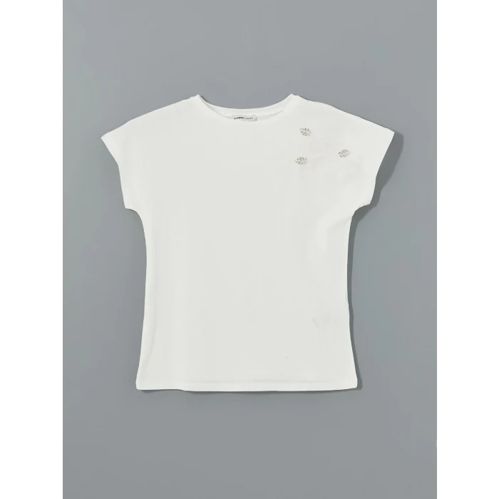 LCWAIKIKI Classic Ekru Bisiklet Yaka Nakışlı Kadın Tişört