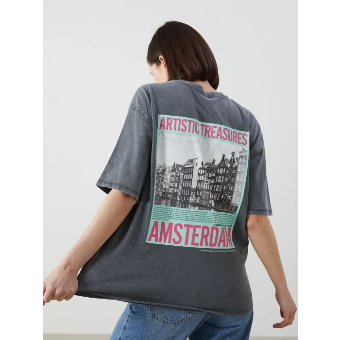 LCW Vision Antrasit Bisiklet Yaka Amsterdam Baskılı Oversize Kadın Tişört