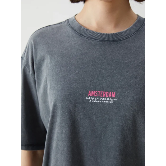 LCW Vision Antrasit Bisiklet Yaka Amsterdam Baskılı Oversize Kadın Tişört