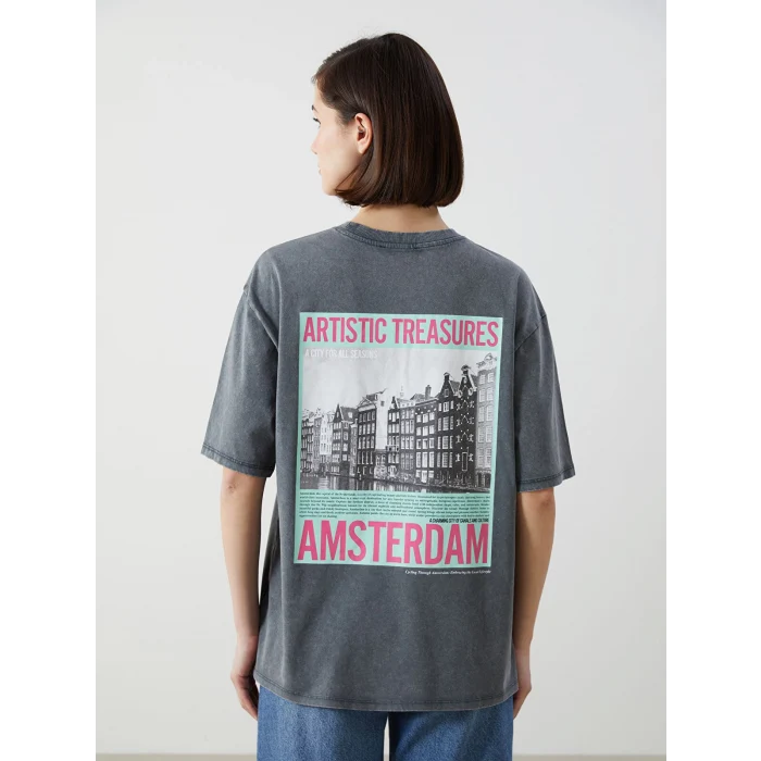 LCW Vision Antrasit Bisiklet Yaka Amsterdam Baskılı Oversize Kadın Tişört
