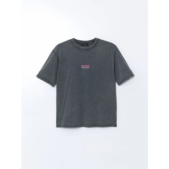 LCW Vision Antrasit Bisiklet Yaka Amsterdam Baskılı Oversize Kadın Tişört