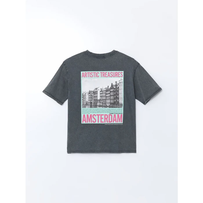 LCW Vision Antrasit Bisiklet Yaka Amsterdam Baskılı Oversize Kadın Tişört