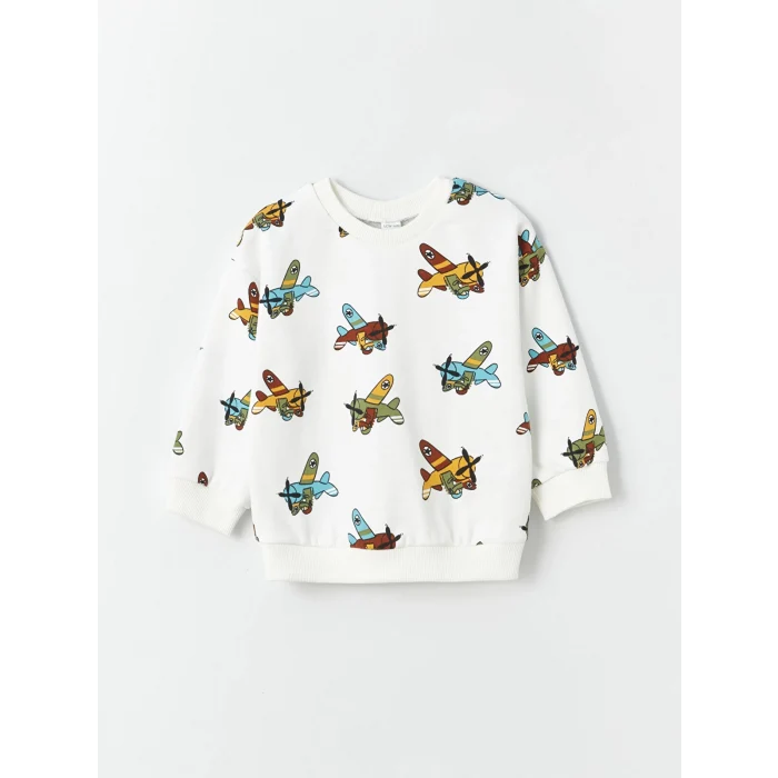 LCW baby Ekru Bisiklet Yaka Baskılı Erkek Bebek Sweatshirt ve Pantolon 2li Takım