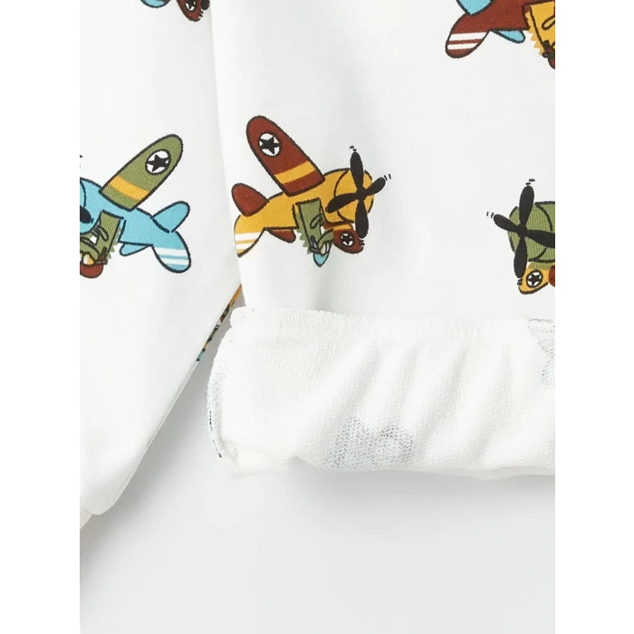 LCW baby Ekru Bisiklet Yaka Baskılı Erkek Bebek Sweatshirt ve Pantolon 2li Takım