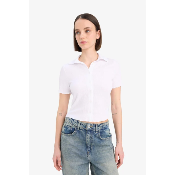 Defacto D4520 Beyaz Coool Fitted Bürümcük Kısa Kollu Gömlek