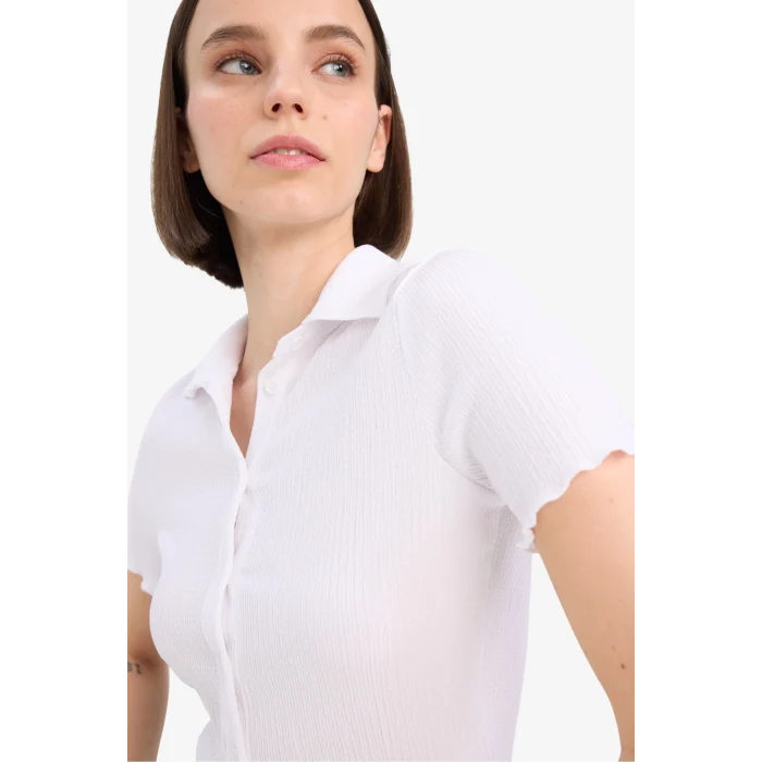 Defacto D4520 Beyaz Coool Fitted Bürümcük Kısa Kollu Gömlek