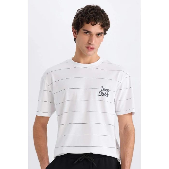 Defacto E0592 Beyaz %100 Pamuk Boxy Fit Bisiklet Yaka Baskılı Kısa Kollu Tişört