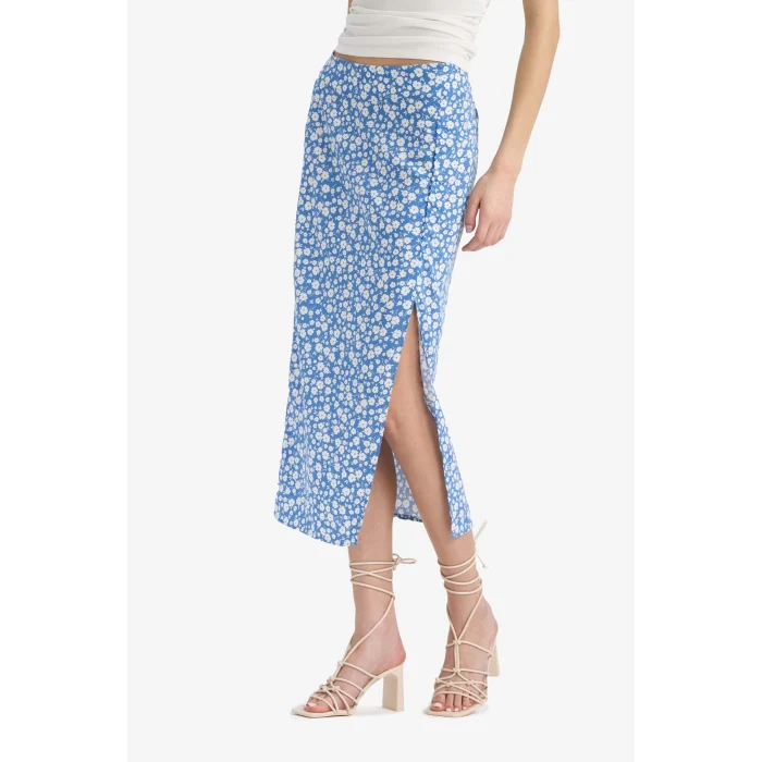 Defacto F0526 Mavi A Kesim Desenli Yüksek Bel Yırtmaçlı Midi Etek