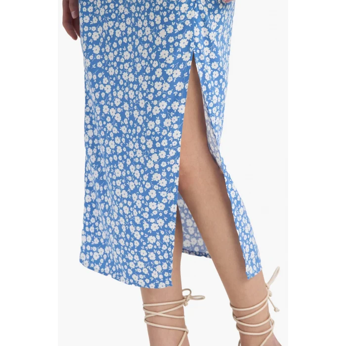 Defacto F0526 Mavi A Kesim Desenli Yüksek Bel Yırtmaçlı Midi Etek