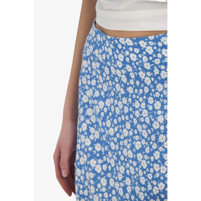 Defacto F0526 Mavi A Kesim Desenli Yüksek Bel Yırtmaçlı Midi Etek