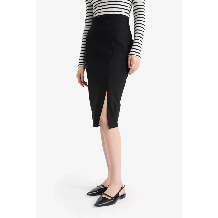 Defacto Y6466 Siyah Basic Düz Normal Bel Yırtmaçlı Midi Kalem Etek