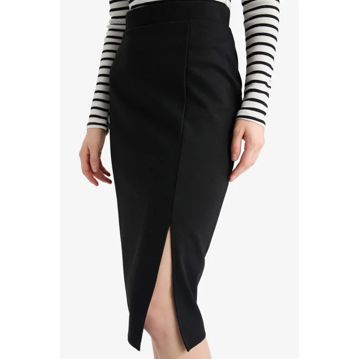 Defacto Y6466 Siyah Basic Düz Normal Bel Yırtmaçlı Midi Kalem Etek