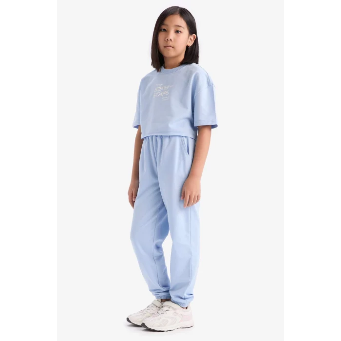 Defacto Z8983 Mavi Kız Çocuk 2li Takım Bisiklet Yaka Baskılı Kısa Kollu Tişört Beli Paçası Lastikli Eşofman Altı