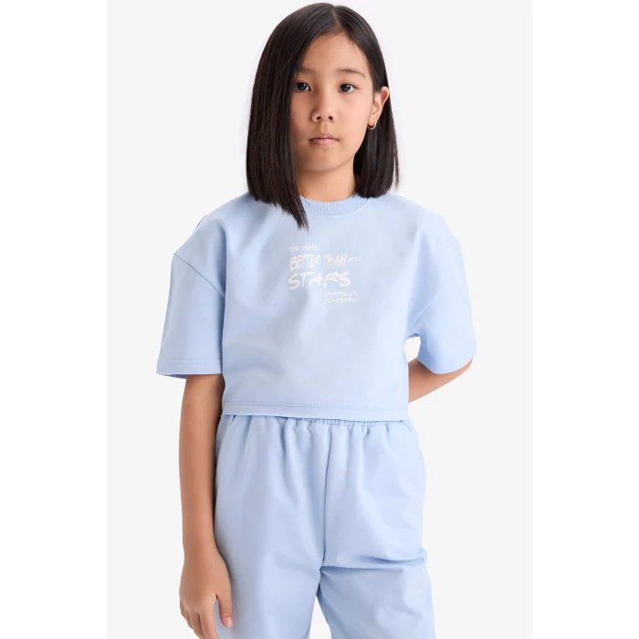 Defacto Z8983 Mavi Kız Çocuk 2li Takım Bisiklet Yaka Baskılı Kısa Kollu Tişört Beli Paçası Lastikli Eşofman Altı