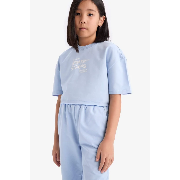 Defacto Z8983 Mavi Kız Çocuk 2li Takım Bisiklet Yaka Baskılı Kısa Kollu Tişört Beli Paçası Lastikli Eşofman Altı