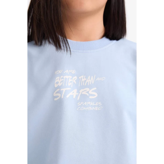 Defacto Z8983 Mavi Kız Çocuk 2li Takım Bisiklet Yaka Baskılı Kısa Kollu Tişört Beli Paçası Lastikli Eşofman Altı