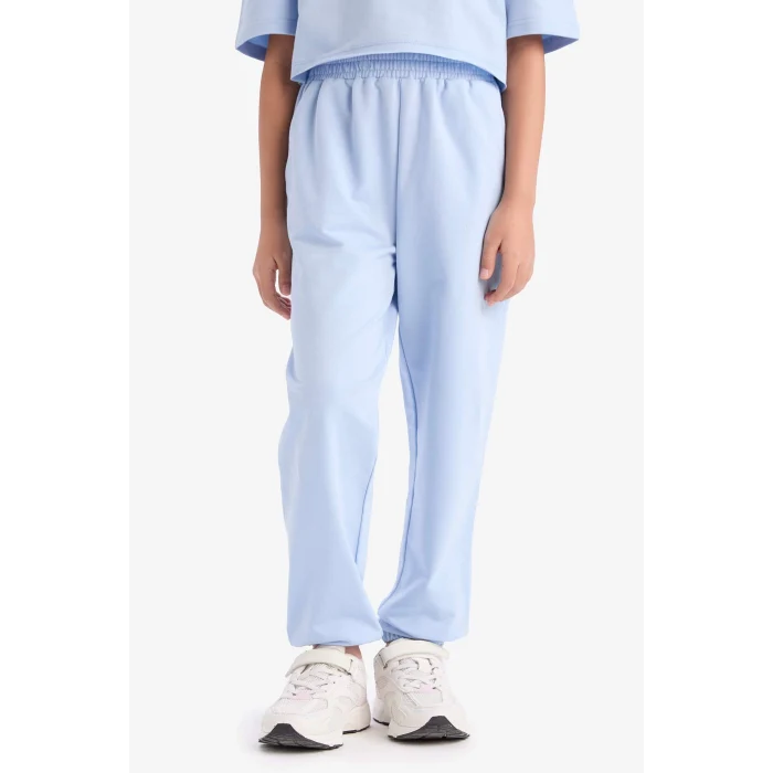 Defacto Z8983 Mavi Kız Çocuk 2li Takım Bisiklet Yaka Baskılı Kısa Kollu Tişört Beli Paçası Lastikli Eşofman Altı