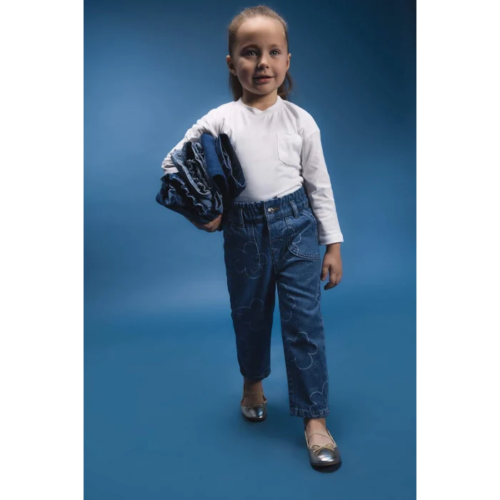 Defacto E7830 Mavi Kız Bebek Paperbag Çiçekli Jean Pantolon