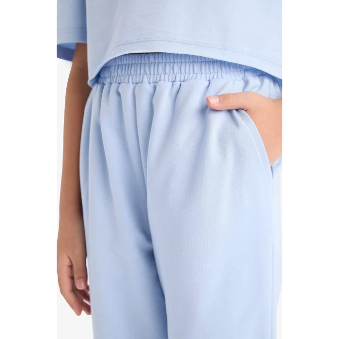 Defacto Z8983 Mavi Kız Çocuk 2li Takım Bisiklet Yaka Baskılı Kısa Kollu Tişört Beli Paçası Lastikli Eşofman Altı