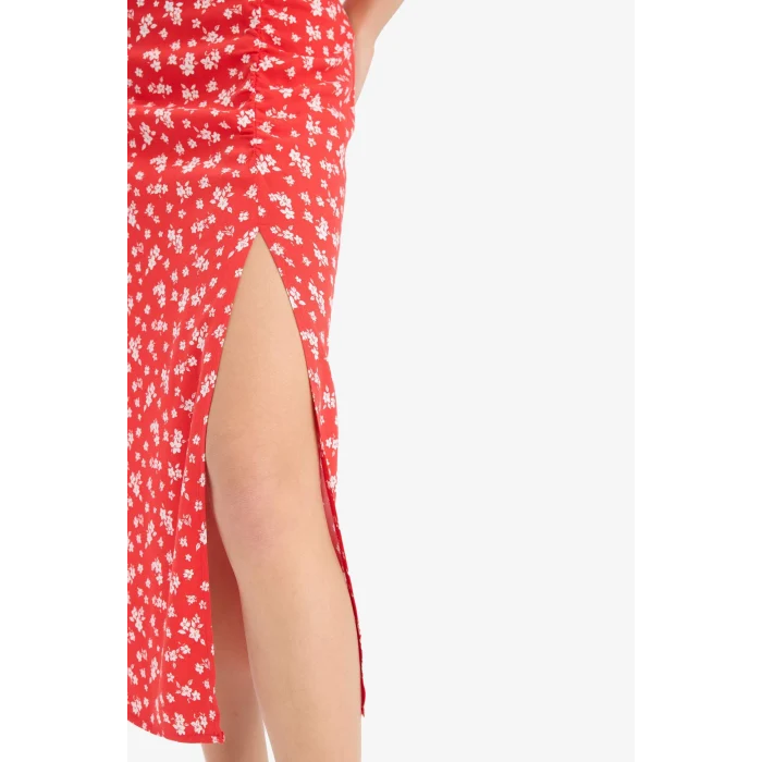 Defacto F0526 Kırmızı A Kesim Desenli Yüksek Bel Yırtmaçlı Midi Etek