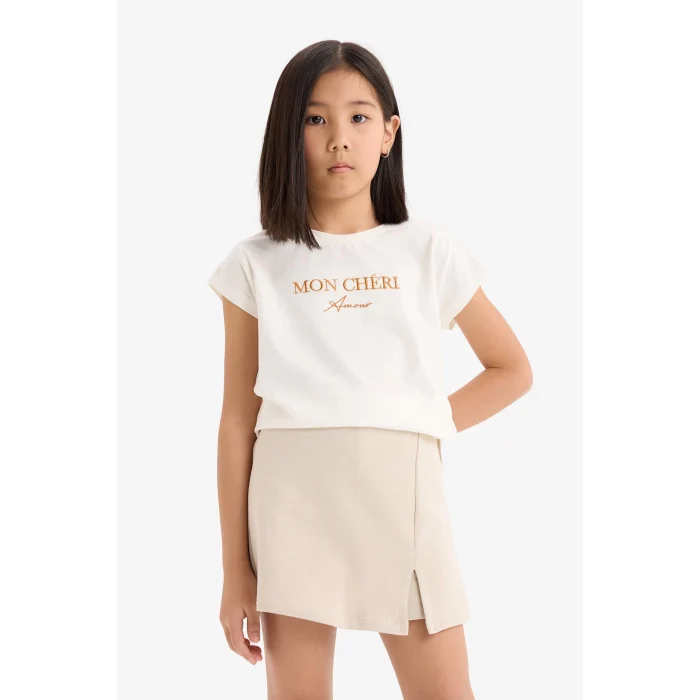 Defacto E1260 Ekru Kız Çocuk 2li Takım Baskılı Kolsuz Tişört Şort Etek