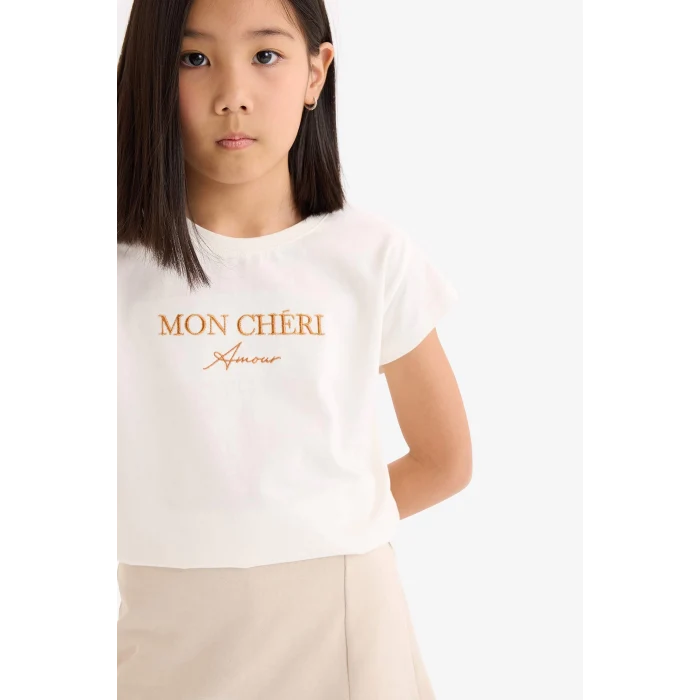 Defacto E1260 Ekru Kız Çocuk 2li Takım Baskılı Kolsuz Tişört Şort Etek