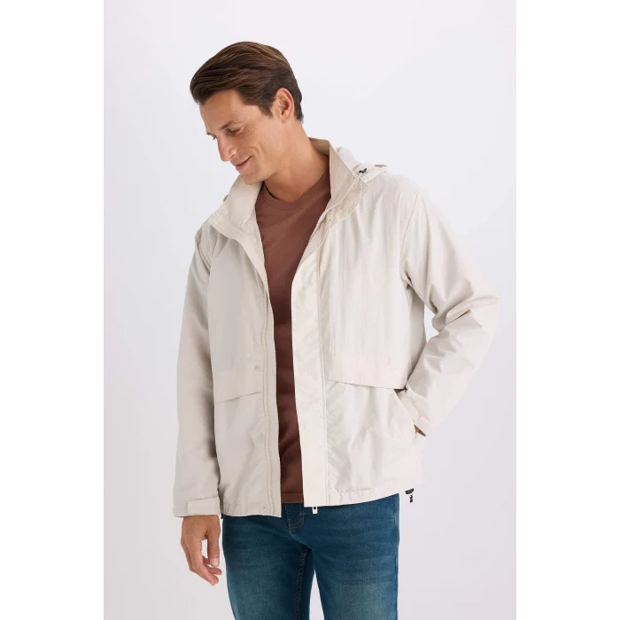 Defacto D6305 Bej Regular Fit Kapüşonlu Fermuarlı Cepli Mevsimlik Baharlık Yağmurluk