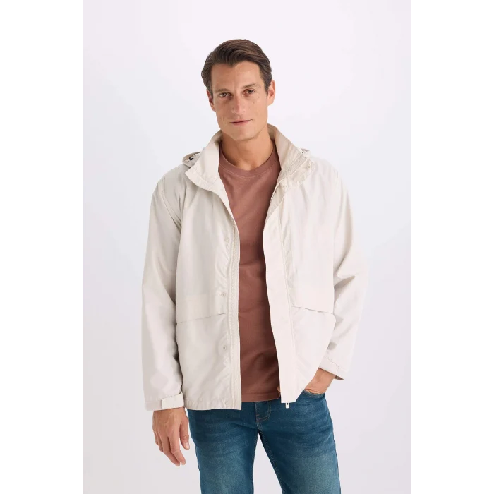 Defacto D6305 Bej Regular Fit Kapüşonlu Fermuarlı Cepli Mevsimlik Baharlık Yağmurluk