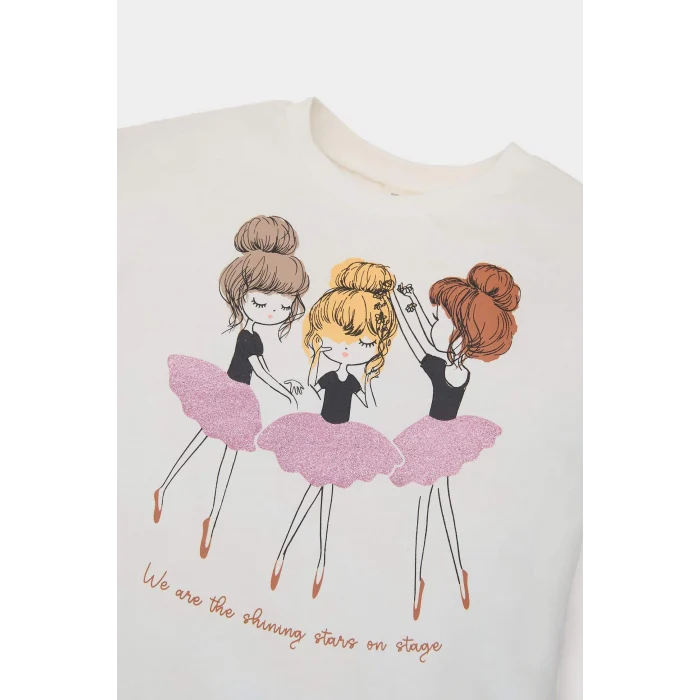 Defacto E5563 Ekru Kız Bebek 2li Takım Balerin Baskılı Uzun Kollu Tişört Beli Lastikli Tayt