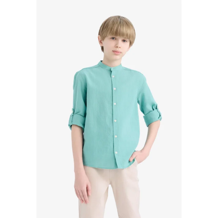 Defacto Z1035 Yeşil Erkek Çocuk Dik Yaka Keten Görünümlü Uzun Kollu Gömlek