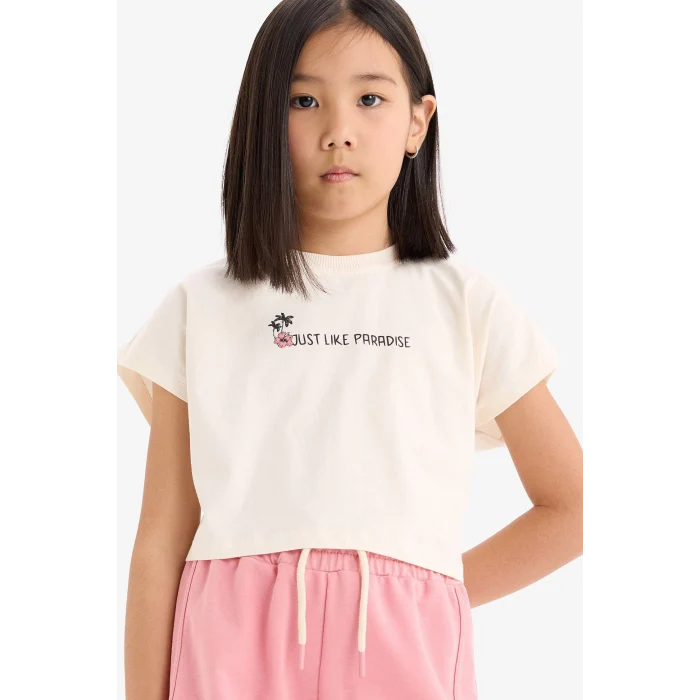 Defacto E3819 Ekru Kız Çocuk 2li Takım Baskılı Kısa Kollu Tişört Beli Lastikli Şort