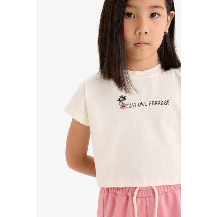 Defacto E3819 Ekru Kız Çocuk 2li Takım Baskılı Kısa Kollu Tişört Beli Lastikli Şort