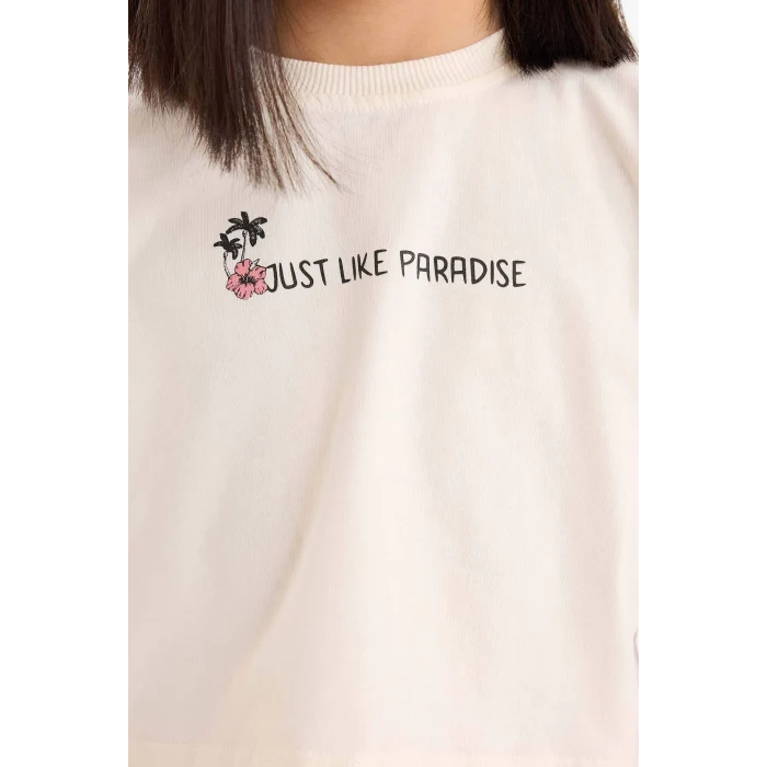 Defacto E3819 Ekru Kız Çocuk 2li Takım Baskılı Kısa Kollu Tişört Beli Lastikli Şort