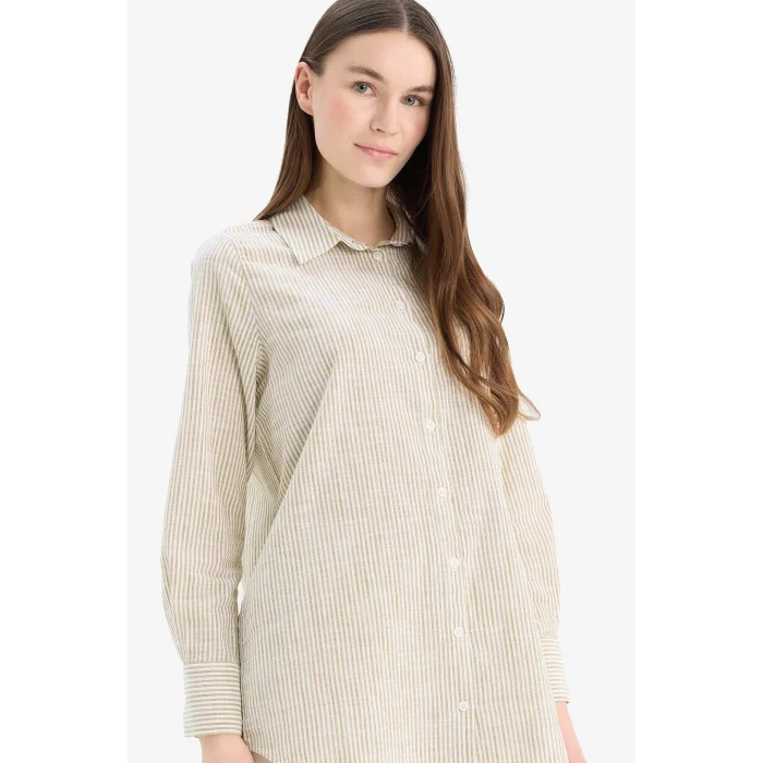 Defacto E6912 Haki Regular Fit Çizgili Flamlı Pamuk Uzun Kollu Gömlek Tunik