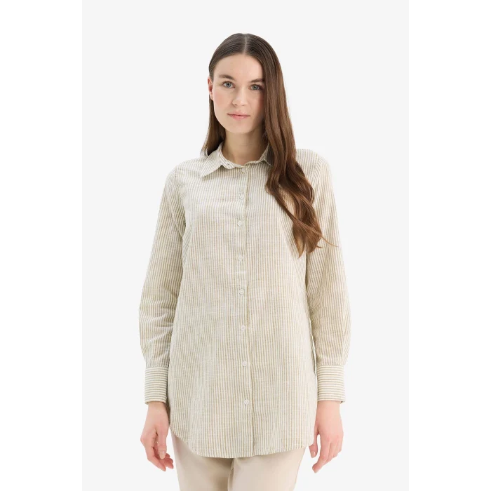 Defacto E6912 Haki Regular Fit Çizgili Flamlı Pamuk Uzun Kollu Gömlek Tunik