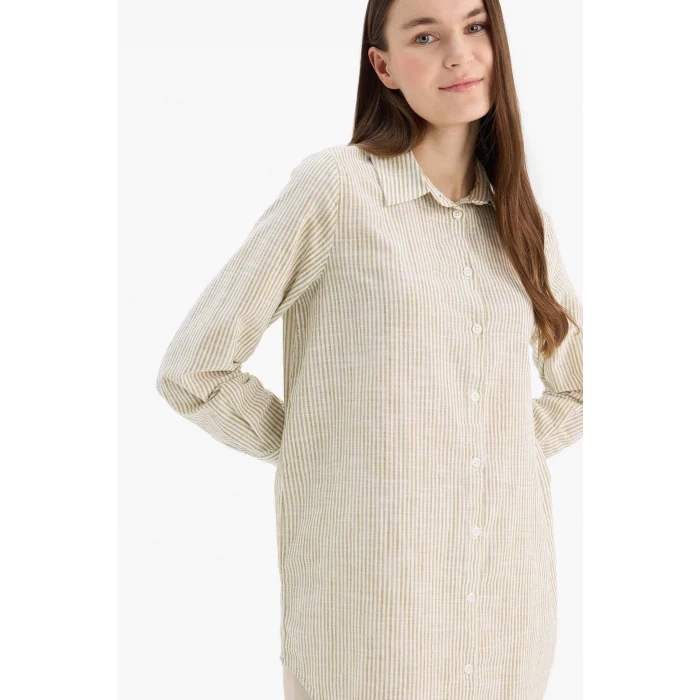 Defacto E6912 Haki Regular Fit Çizgili Flamlı Pamuk Uzun Kollu Gömlek Tunik