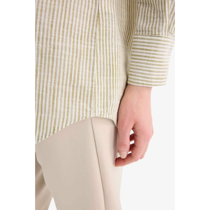 Defacto E6912 Haki Regular Fit Çizgili Flamlı Pamuk Uzun Kollu Gömlek Tunik