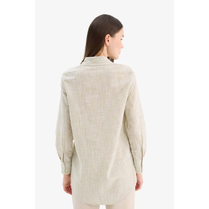 Defacto E6912 Haki Regular Fit Çizgili Flamlı Pamuk Uzun Kollu Gömlek Tunik