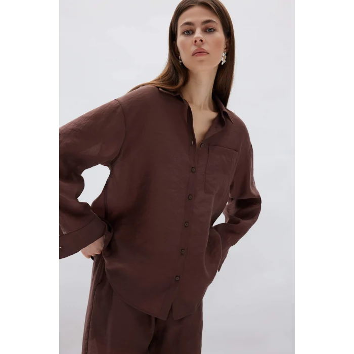 Defacto E3866 Kahve Oversize Geniş Kalıp Cepli Modal Uzun Kollu Gömlek
