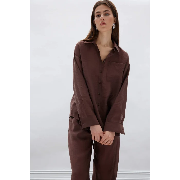 Defacto E3866 Kahve Oversize Geniş Kalıp Cepli Modal Uzun Kollu Gömlek