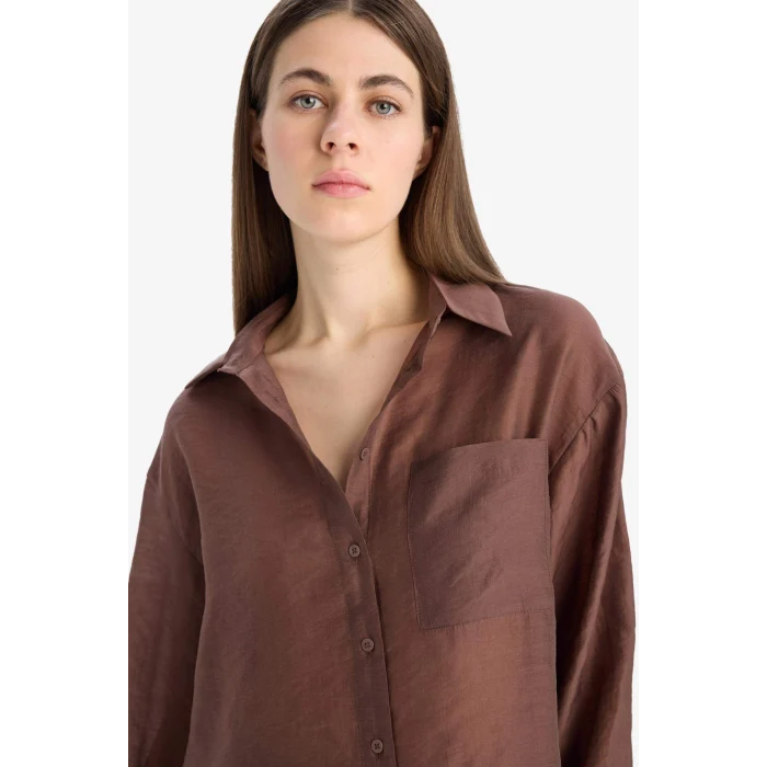 Defacto E3866 Kahve Oversize Geniş Kalıp Cepli Modal Uzun Kollu Gömlek