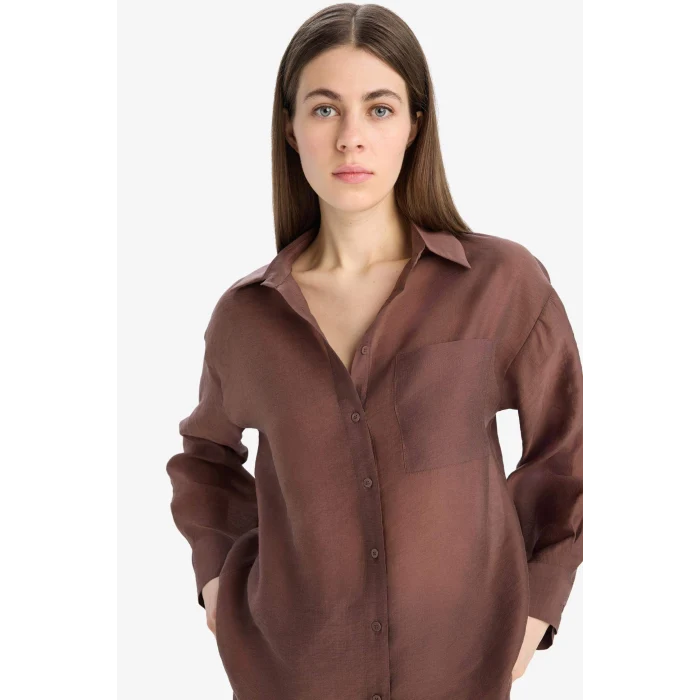 Defacto E3866 Kahve Oversize Geniş Kalıp Cepli Modal Uzun Kollu Gömlek