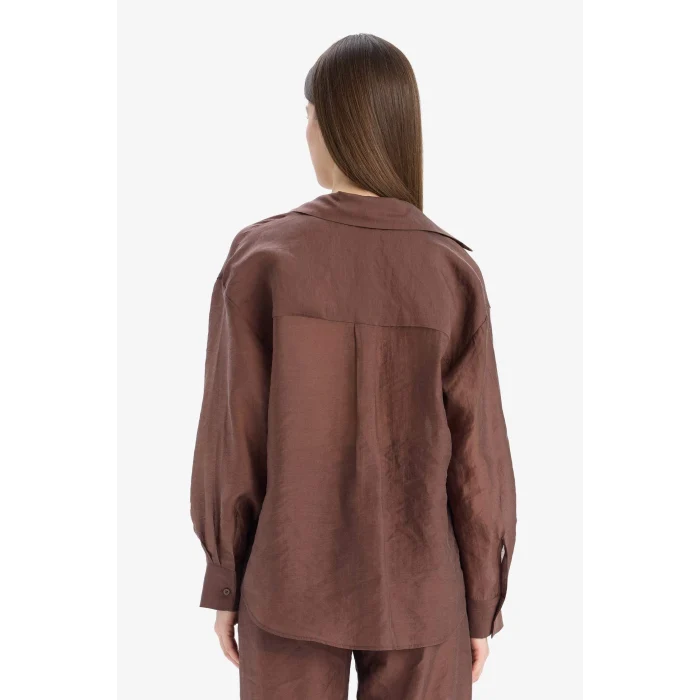 Defacto E3866 Kahve Oversize Geniş Kalıp Cepli Modal Uzun Kollu Gömlek