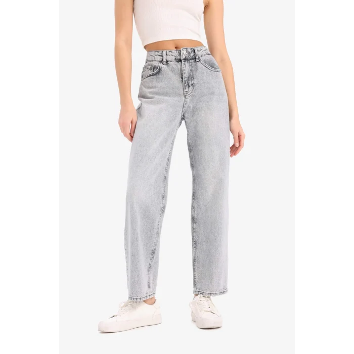 Defacto E8013 Gri Straight Fit Yüksek Bel Kısa Paça Jean Yıkamalı Pantolon