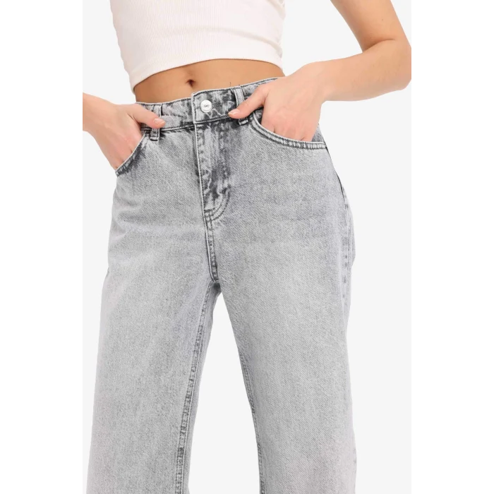 Defacto E8013 Gri Straight Fit Yüksek Bel Kısa Paça Jean Yıkamalı Pantolon