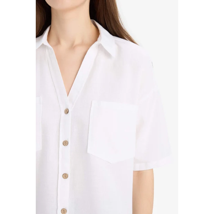 Defacto V2523 Beyaz Boxy Fit Cepli Basic Düz Kısa Kollu Gömlek